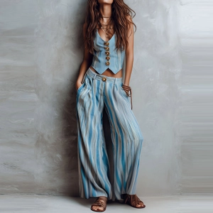 Ensembles d'Été Rayés pour Femmes Avec Gilet Sans Manches Col en V Et Pantalon Large Taille Haute Ensemble Vacances