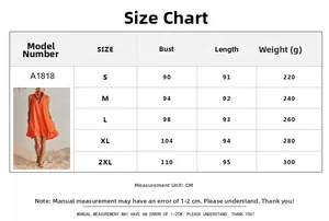 Guide des tailles pour robe de plage sans manches A1818 avec mesures du S au 2XL
