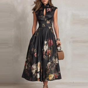 Abito Lungo Donna Vintage Stampa Floreale Senza Maniche Colletto alla Coreana Apertura a Goccia Elegante Effetto Raso Vita Alta