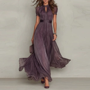 Detailed texture of flowing purple chiffon fabric on V-neck maxi dress with waist belt
