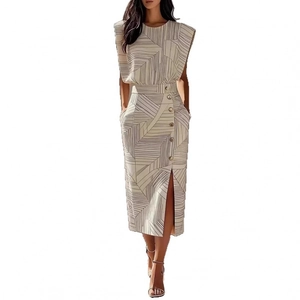 Women's two-piece sleeveless printed top and slit skirt set in beige with geometric lines
