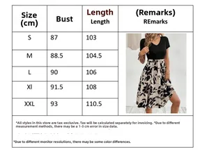 Size chart detail for floral lace-up dress showing measurements from S to XXL