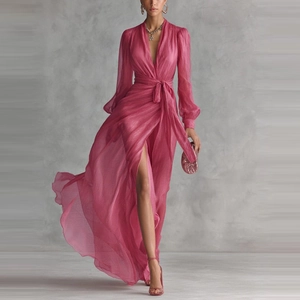 Elegant deep pink V-neck chiffon maxi dress with long sleeves and high slit detail