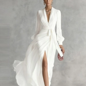 Elegant white long sleeve V-neck chiffon dress with waist tie and high slit design