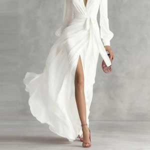 Elegant white V-neck long sleeve chiffon maxi dress with high slit and waist tie