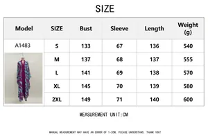 Size chart table for summer beach kaftan robe with detailed dimensions and weight info
