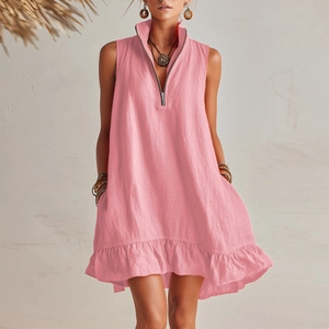 Robe de plage rose sans manches en coton-lin avec ourlet à volants et col en V