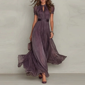 Women Elegant Purple Chiffon Maxi Dress Lace Standing Collar Bubble Short Sleeve Pleated High Waist Large Swing Party Dress