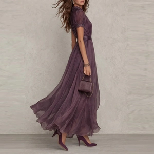 Deep purple chiffon V-neck maxi dress with puff sleeves and elegant ruffled layers