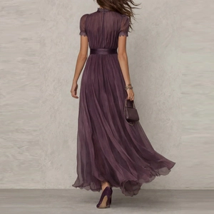 Elegant deep plum chiffon maxi dress with lace trim stand collar and flowing waist tie