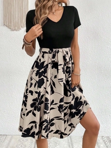 Women's Casual Patchwork Midi Dress Ribbed Knit Top Floral Print High Waist A-Line Dress With Belt Elegant Vacation Outfit