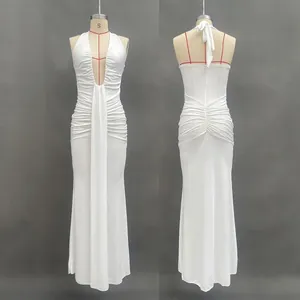 Front and back detail of white deep V-neck halter maxi dress with mermaid hem