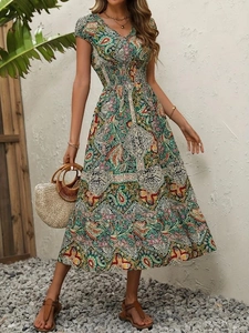 Robe midi bohème à imprimé paisley pour femme avec col en V et taille haute smockée