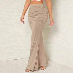 Elegant high-waisted camel ruched mermaid midi skirt for women with stretchy fabric