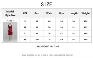 Detailed size chart for printed sexy strapless dress showing S-XL measurements in cm