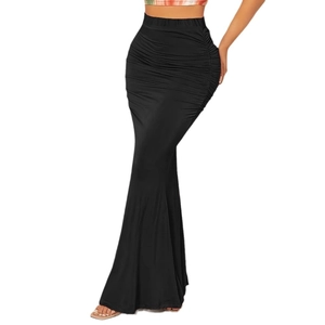 Elegant high waist black ruched mermaid maxi skirt with slim fit elastic fabric