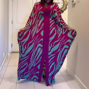 Bohemian Women 3D Zebra Print Kaftan Maxi Dress V Neck Batwing Sleeve Loose Beach Cover Up Vacation Long Robe Gown