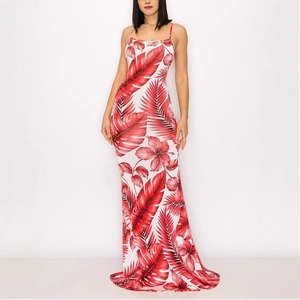 Detail of red tropical floral print on a slim white summer slip maxi dress for women