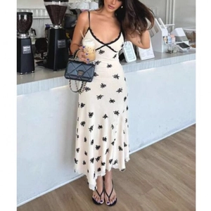 French Vintage V-Neck Floral Slip Maxi Dress For Women With Black Lace Trim Sexy Backless Slim Fit Summer Beach Party Long Dress