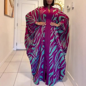 Women's 3D print long kaftan beach cover-up with purple zebra pattern and batwing sleeves