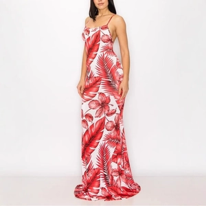 Detail of red and white tropical floral print maxi dress with spaghetti straps