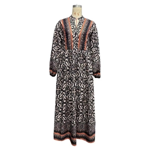 Elegant V-neck long sleeve floral maxi dress with ethnic geometric prints for women