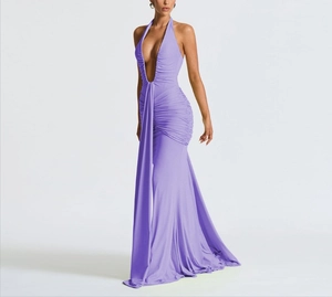 Detail of lavender halter gown with deep V-neckline and elegant pleated waist design