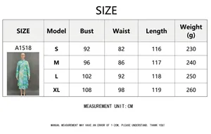 Detailed size guide table for floral print long sleeve maxi dress including S to XL measurements