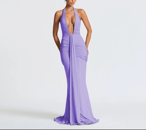 Detail of lilac halter neck dress featuring deep V-neckline and elegant pleated texture