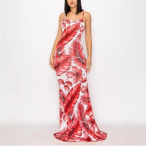 Floral print summer maxi dress with red tropical palm leaf patterns and spaghetti straps