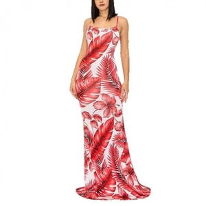 Women's summer vacation floral maxi dress with red tropical print and slim fit silhouette