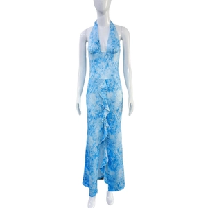 Light blue halter neck maxi dress with deep V-neck and ruffled slit in snake print