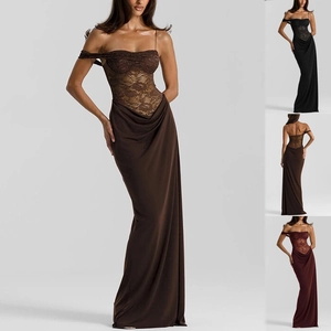 Damen Sexy Spitzen-Patchwork Maxi-Kleid Spaghetti-Träger Schulterfrei Slim Fit Plissiertes Langes Party-Kleid Elegantes Clubwear-Kleid