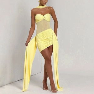 Detail of yellow mesh-spliced mini dress with draped ribbons and ruched texture