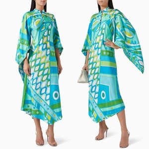 Women Geometric Printed Maxi Dress Vintage Stand Collar Long Sleeve Satin Feeling Artistic Loose Vacation Midi Dress
