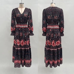 Detailed front and back view of long sleeve V-neck floral dress on mannequin