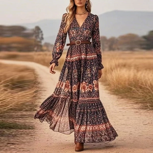 Bohemian V Neck Floral Maxi Dress For Women Vintage Lantern Long Sleeve High Waist Ruffle Tiered Casual Vacation Long Dress