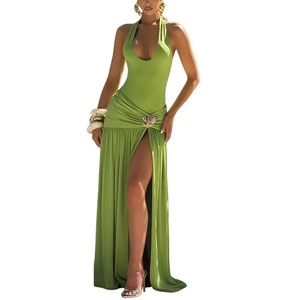 Detail of green halter dress with V-neck, waist ruching and metal flower buckle