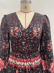 Macro detail of V-neckline and abstract floral print on long sleeve dress fabric