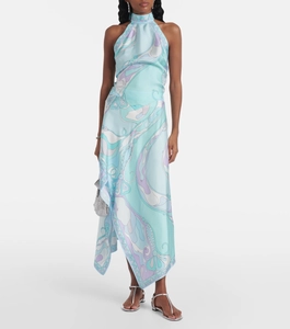 Detailed close-up of the satin printed halter dress with asymmetric hemline design