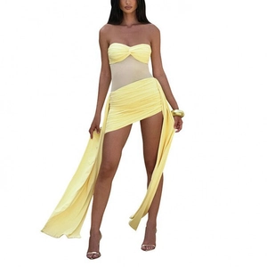 Summer yellow bandeau dress with mesh patchwork and asymmetric long flowing streamer