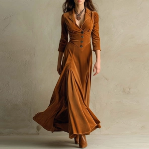 Robe Maxi Élégante en Velours Caramel Col en V Vintage Manches Longues Taille Haute Bouton Plissé Grande Jupe Femmes