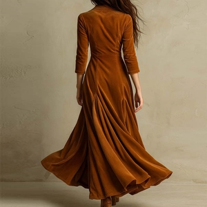 Vue arrière d'une robe longue en velours caramel avec un ourlet évasé très fluide