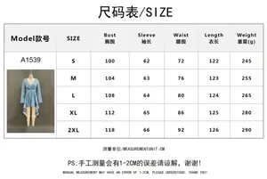 Size chart for floral long sleeve dress showing bust, sleeve, waist and length dimensions