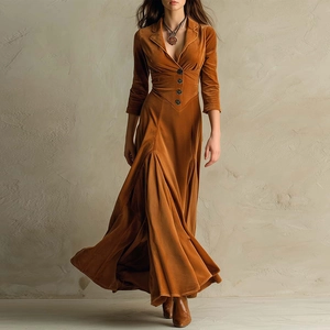 Détail de la texture en velours marron et du col en V avec boutons sur la robe