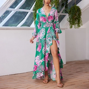 Robe Longue à Imprimé Tropical pour Femmes Col en V Manches Longues Fente Haute Volants Élégant Vacances Bohême Chiffon