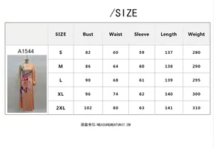 Detailed size chart for floral print pleated long dress with waist and length specs