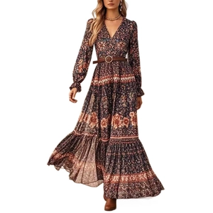 Bohemian floral maxi dress with V-neck, long sleeves and waist belt in a tiered design