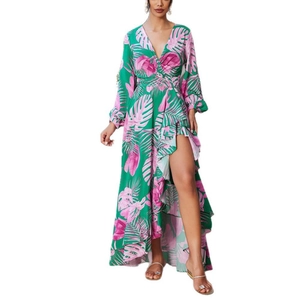 Robe longue à imprimé tropical, col en V, fente haute et volants pour les vacances d'été
