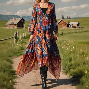 Robe Maxi Vintage à Imprimé Floral pour Femmes Col en V Manches Longues Taille Haute Ourlet Irrégulier Bohème Automne